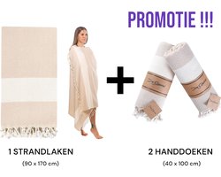 Die Caprie Diamond Hamamdoeken Set creme– Strand & Zwembad &Badlaken – 1 Strandlaken (90x170) + 2 Handdoeken (40x100) – 100% Katoen – Sneldrogend & Zandvrij – Perfect Cadeau