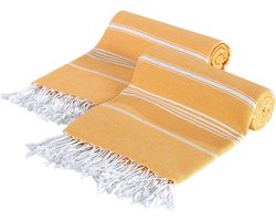 Die Caprie Strandlaken Hamamdoek xxl 2 stuks -- Hoge Kwaliteit - Dunne Doek -Reizen, Camping, Bad, Sauna, Strand, Gym, Zwembad, Yoga, Deken - 100% katoen-Sneldrogend - (Sultan - Geel)