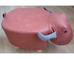 Dielay - Krukje Dieren - Kinderkruk - Hout en PU Kunstleer - 28x25x27 cm - Waterbuffel Rood