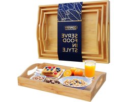 Dienblad 60x60 Bamboe Serveerbladen met Handvat - Set van 3 Houten Dienbladen Die Nestelen - Groot Medium en Klein Dienblad voor Eten Ottoman Decor & Meer - Bamboe Dienbladen voor Ontbijt op Bed - Natuurlijke Kleur dienblad 60x60