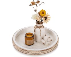 Dienblad 60x60 Houten decoratieve lade rond - Wit gewassen kralen - Salontafel decor - Rustieke houten dienbladen - Boerderij keuken - Vintage middelpunt - Woonkamer - Thuis badkamer dienblad 60x60