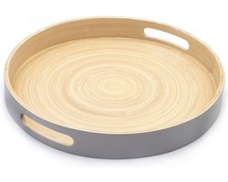 Dienblad 60x60 Stijlvol houten bamboe dienblad - grijs groot - luxe ronde houten schoot trays voor eten diner thee en koffie dienblad bar drankjes of voedsel serveerschalen met handgrepen - dienblad 60x60
