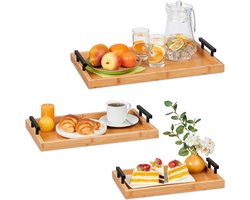 dienblad bamboe - set van 3 - 3 groottes - met handgrepen - hoge rand - rechthoekig