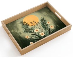 Dienblad hout 40x30 cm - Schootdienblad - Bloemen - Bladeren - Zon - Groen - Borrelplank rechthoek - Plateau dienbladen