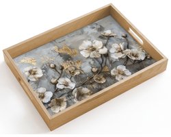 Dienblad hout 40x30 cm - Schootdienblad - Bloemen - Wit - Grijs - Goud - Luxe - Borrelplank rechthoek - Plateau dienbladen