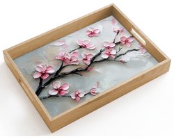 Dienblad hout 40x30 cm - Schootdienblad - Bloesem - Kunstzinnig - Roze - Sakura - Borrelplank rechthoek - Plateau dienbladen