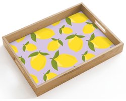 Dienblad hout 40x30 cm - Schootdienblad - Citroenen patroon - Geel - Paars - Patroon - Vruchten - Borrelplank rechthoek - Plateau dienbladen