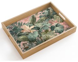 Dienblad hout 40x30 cm - Schootdienblad - Compositie van bladeren - Groen - Roze - Borrelplank rechthoek - Plateau dienbladen