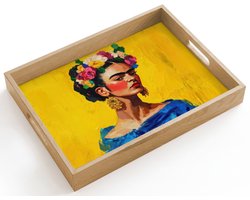 Dienblad hout 40x30 cm - Schootdienblad - Frida Kahlo - Vrouw - Geel - Blauw - Bloemen - Borrelplank rechthoek - Plateau dienbladen