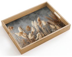 Dienblad hout 40x30 cm - Schootdienblad - Gedroogde Veldbloemen - Grijs - Beton - Borrelplank rechthoek - Plateau dienbladen