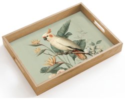 Dienblad hout 40x30 cm - Schootdienblad - Gele kuifkaketoe - paradijsvogelbloemen - Groen - Borrelplank rechthoek - Plateau dienbladen