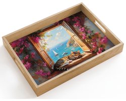 Dienblad hout 40x30 cm - Schootdienblad - Kat - Blauwe zee - Roze bloemen - Borrelplank rechthoek - Plateau dienbladen