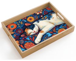 Dienblad hout 40x30 cm - Schootdienblad - Kat - Bloemenpatroon - Blauw - Oranje - Borrelplank rechthoek - Plateau dienbladen