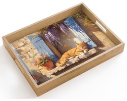 Dienblad hout 40x30 cm - Schootdienblad - Kat - Stenen vensterbank - Bloemen - Borrelplank rechthoek - Plateau dienbladen