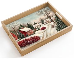Dienblad hout 40x30 cm - Schootdienblad - Kerstsfeer - Landelijk - Rood - Borrelplank rechthoek - Plateau dienbladen
