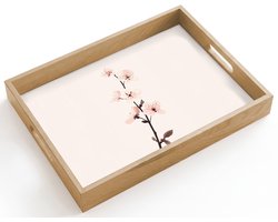 Dienblad hout 40x30 cm - Schootdienblad - Minimalistisch - Bloesem - Tak - Roze - Borrelplank rechthoek - Plateau dienbladen