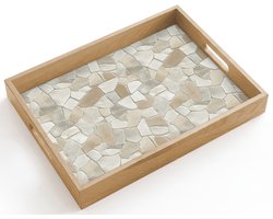 Dienblad hout 40x30 cm - Schootdienblad - Mozaïek - Stenen - Beige - Borrelplank rechthoek - Plateau dienbladen