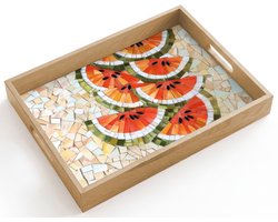 Dienblad hout 40x30 cm - Schootdienblad - Mozaïek - Watermeloen - Rood - Pitten - Borrelplank rechthoek - Plateau dienbladen