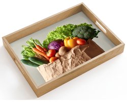 Dienblad hout 40x30 cm - Schootdienblad - Papieren - Boodschappen - Groente - Kleurrijk - Borrelplank rechthoek - Plateau dienbladen