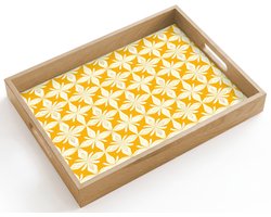 Dienblad hout 40x30 cm - Schootdienblad - Patroon - Retro - Geel - Borrelplank rechthoek - Plateau dienbladen