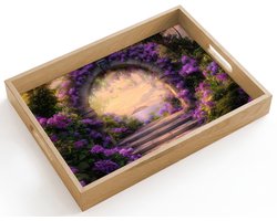 Dienblad hout 40x30 cm - Schootdienblad - Poort - Paars - Bloemen - Borrelplank rechthoek - Plateau dienbladen