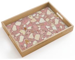 Dienblad hout 40x30 cm - Schootdienblad - Roze - Decoratie - Stenen - Terrazzo - Borrelplank rechthoek - Plateau dienbladen