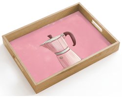 Dienblad hout 40x30 cm - Schootdienblad - Roze - Mokkapot - Illustratie - Koffie - Borrelplank rechthoek - Plateau dienbladen
