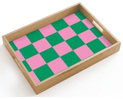 Dienblad hout 40x30 cm - Schootdienblad - Schaakbord patroon - Groen - Roze - Blokjes - Borrelplank rechthoek - Plateau dienbladen