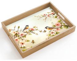 Dienblad hout 40x30 cm - Schootdienblad - Takken - Bloemen - Vogeltjes - Roze - Borrelplank rechthoek - Plateau dienbladen