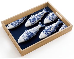Dienblad hout 40x30 cm - Schootdienblad - Vissen - Delfts - Blauw - Keramiek - Borrelplank rechthoek - Plateau dienbladen