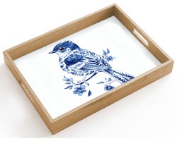 Dienblad hout 40x30 cm - Schootdienblad - Vogel - Delfts blauw - Illustratie - Bloemen - Borrelplank rechthoek - Plateau dienbladen