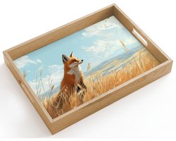 Dienblad hout 40x30 cm - Schootdienblad - Vos - Gras - Wolken - Oranje - Borrelplank rechthoek - Plateau dienbladen