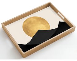 Dienblad hout 50x35 cm - Schootdienblad - Bergsilhouetten - Gouden cirkel - Beige - Borrelplank rechthoek - Plateau dienbladen