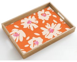 Dienblad hout 50x35 cm - Schootdienblad - Bloemen - Oranje - Beige - Roze - Abstract - Borrelplank rechthoek - Plateau dienbladen