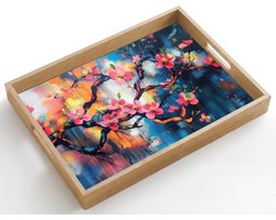 Dienblad hout 50x35 cm - Schootdienblad - Bloemen - Tak - Artistiek - Roze - Borrelplank rechthoek - Plateau dienbladen