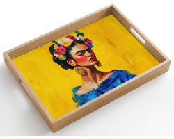 Dienblad hout 50x35 cm - Schootdienblad - Frida Kahlo - Vrouw - Geel - Blauw - Bloemen - Borrelplank rechthoek - Plateau dienbladen