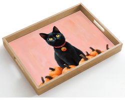 Dienblad hout 50x35 cm - Schootdienblad - Kat - Pompoen - Roze - Borrelplank rechthoek - Plateau dienbladen