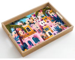 Dienblad hout 50x35 cm - Schootdienblad - Kleurrijk - Roze - Oranje - Geel - Bloemen - Borrelplank rechthoek - Plateau dienbladen