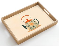 Dienblad hout 50x35 cm - Schootdienblad - Oranje - Theepot - Bloemen - Bladeren - Borrelplank rechthoek - Plateau dienbladen