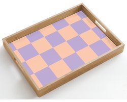 Dienblad hout 50x35 cm - Schootdienblad - Schaakbord patroon - Paars - Roze - Blokjes - Borrelplank rechthoek - Plateau dienbladen