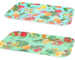 Dienblad MELAMINE met Fruit en Planten - Turquoise/Roze/Blauw - 43 x 31 cm - Kunststof - Serveerblad - Serveren - Ananas - Banaan - Keuken
