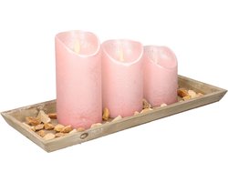 Dienblad met LED kaarsen en steentjes - 39 x 15 cm - lichtroze stompkaars