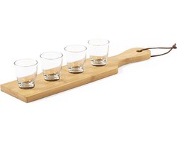 Dienblad met shotglaasjes - Dienblad rechthoek - Shotglas houder - Shotglazen - Shotjes - Alcohol - Bamboe - Glas - beige - transparant - 5-delig