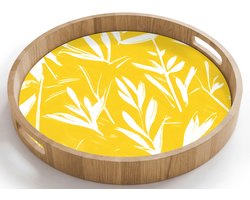 Dienblad rond 40x40 cm - Schootdienblad hout - Abstract - Bladeren - Geel - Penseelstreken - Borrelplank rechthoek - Plateau houten dienbladen