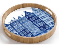 Dienblad rond 40x40 cm - Schootdienblad hout - Aquarel - Grachtenpanden - Delfts - Blauw - Borrelplank rechthoek - Plateau houten dienbladen