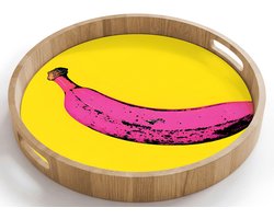 Dienblad rond 40x40 cm - Schootdienblad hout - Banaan - Grafisch - Geel - Borrelplank rechthoek - Plateau houten dienbladen