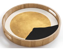 Dienblad rond 40x40 cm - Schootdienblad hout - Bergsilhouetten - Gouden cirkel - Beige - Borrelplank rechthoek - Plateau houten dienbladen