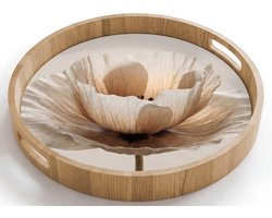 Dienblad rond 40x40 cm - Schootdienblad hout - Bloem - Beige - Crème - Borrelplank rechthoek - Plateau houten dienbladen