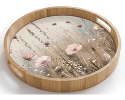 Dienblad rond 40x40 cm - Schootdienblad hout - Bloemen - Roze - Modern - Beige - Borrelplank rechthoek - Plateau houten dienbladen