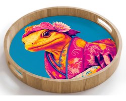 Dienblad rond 40x40 cm - Schootdienblad hout - Bloemenkrans - Hagedis - Kimono - Paars - Borrelplank rechthoek - Plateau houten dienbladen
